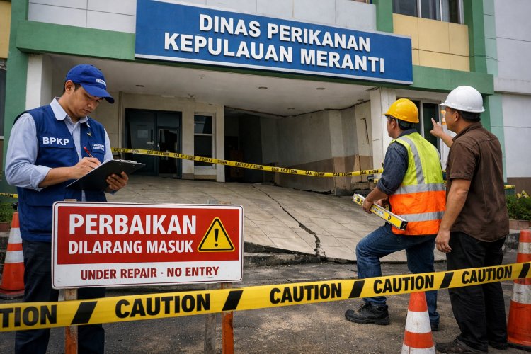 Lantai Gedung Dinas Perikanan Kepulauan Meranti Miring, Serah Terima Tertunda
